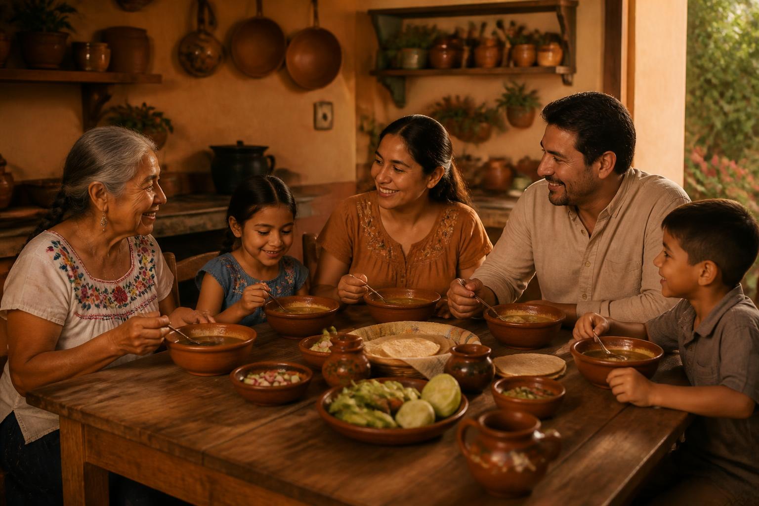 Familia mexicana de varias generaciones comiendo junta en una mesa de madera con luz cálida
