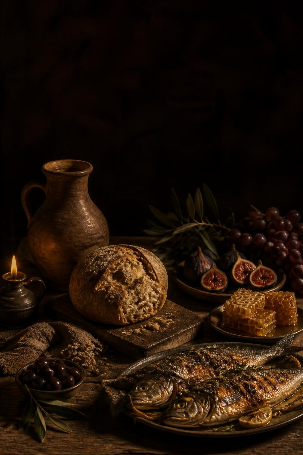 Mesa antigua con pan, aceite de oliva, higos, miel, uvas y pescado bajo luz de vela
